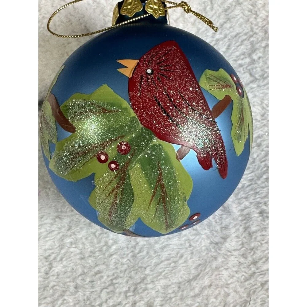 Hand‎ painted Glass Christmas Ornament Red Cardinal Holly Berries Artist Vintage